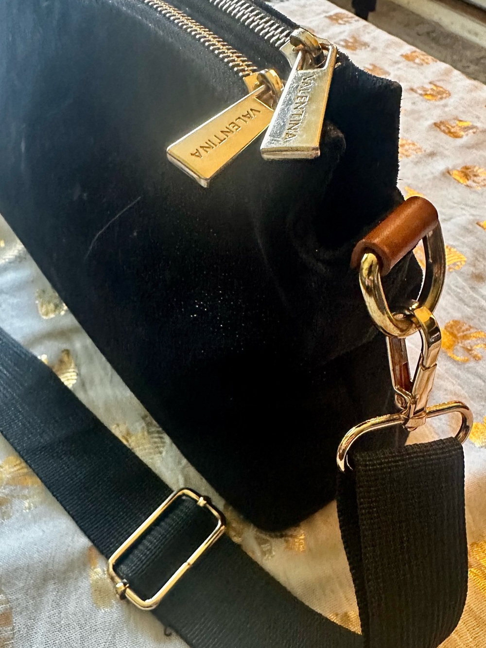 Valentina - Black Velvet Crossbody Bag with Gold Hardware